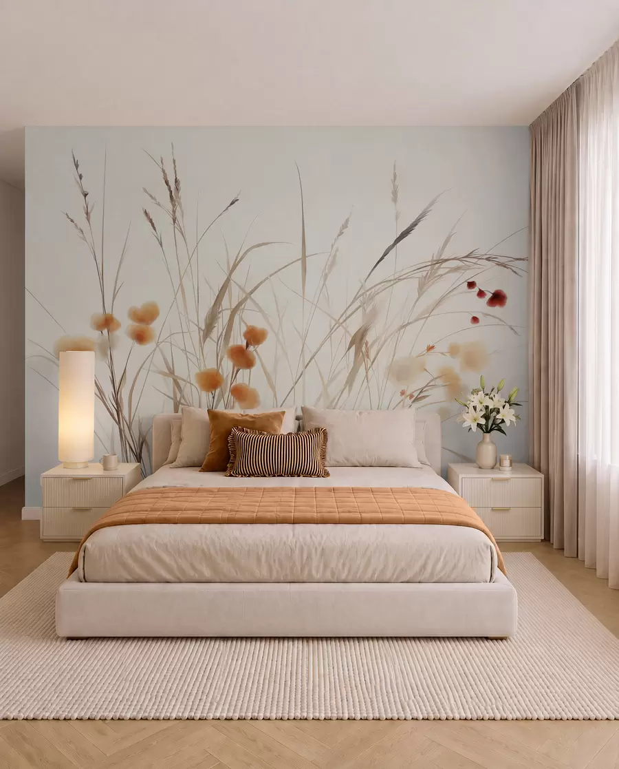 Wall Mural Photo Wallpaper Tall grasses and small orange wildflowers against a pale background, textured boho style w09902