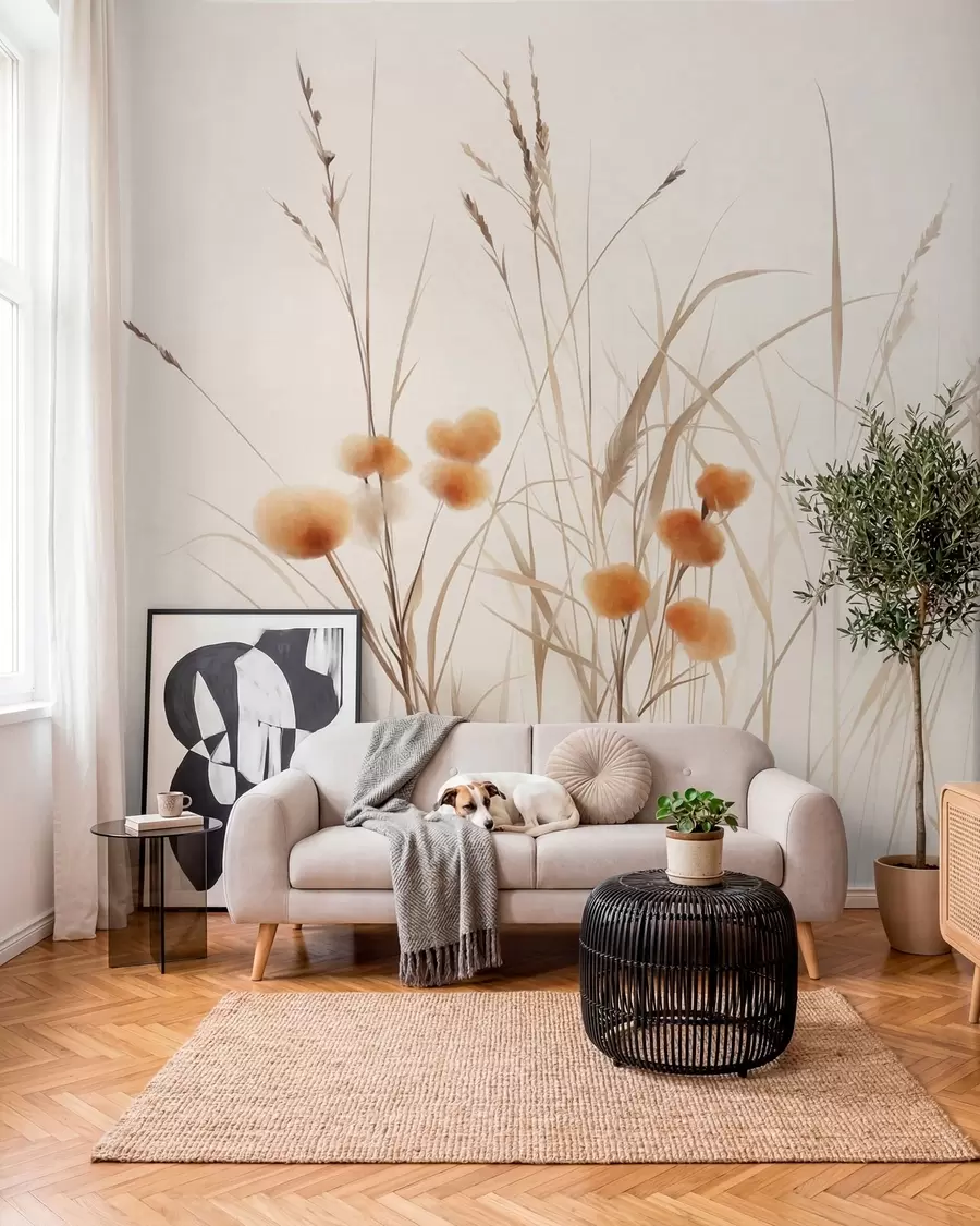 Wall Mural Photo Wallpaper Tall grasses and small orange wildflowers against a pale background, textured boho style w09902