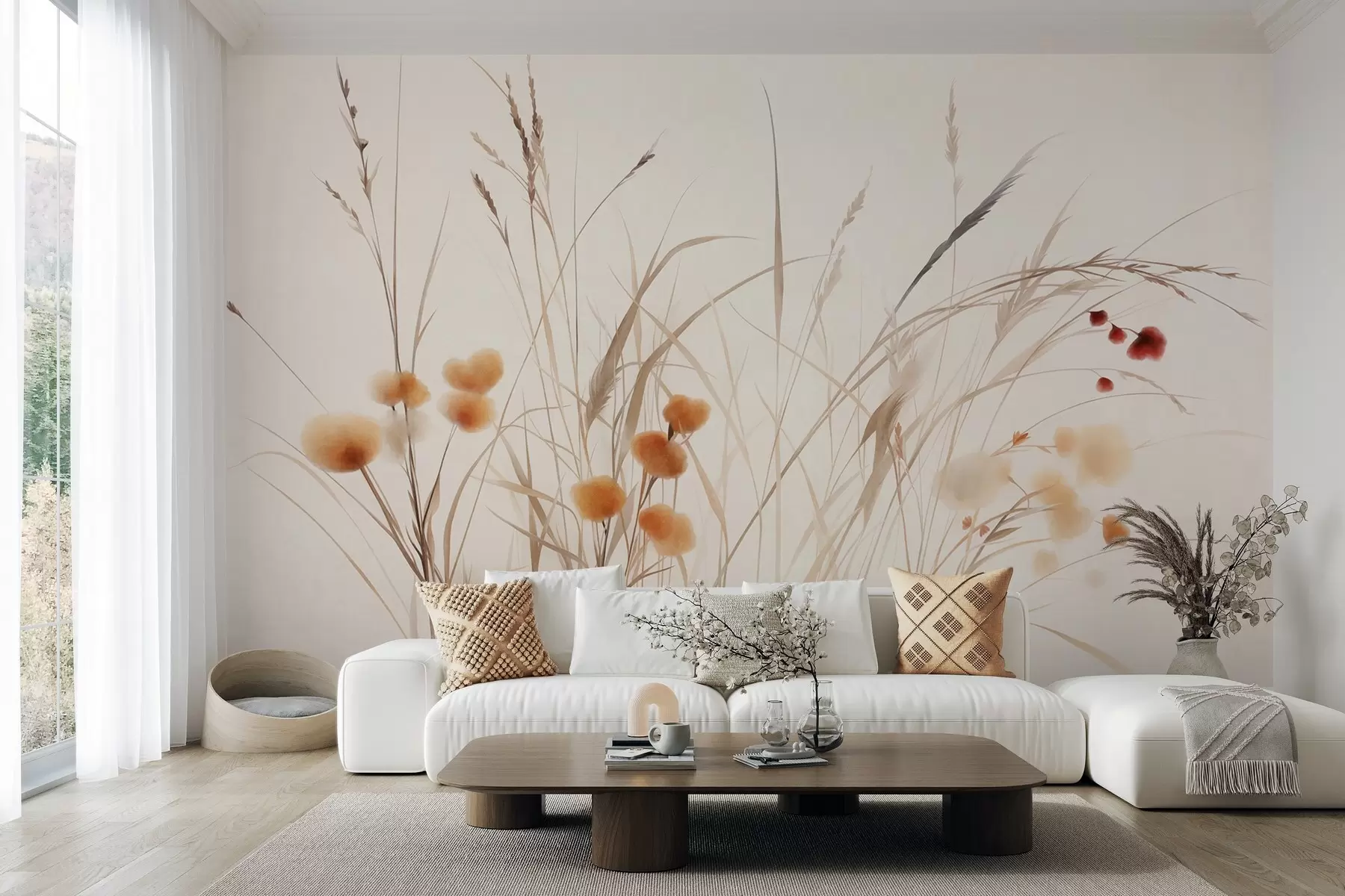 murales Hierbas altas y pequeñas flores silvestres de color naranja sobre un fondo pálido, con un estilo boho lleno de textura w09902