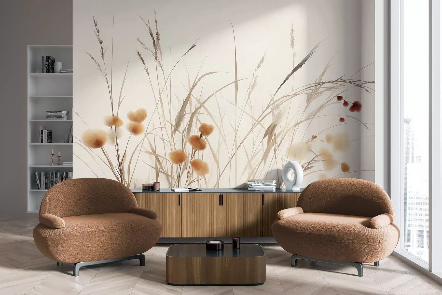 wall murals Tall grasses and small orange wildflowers against a pale background, textured boho style w09902