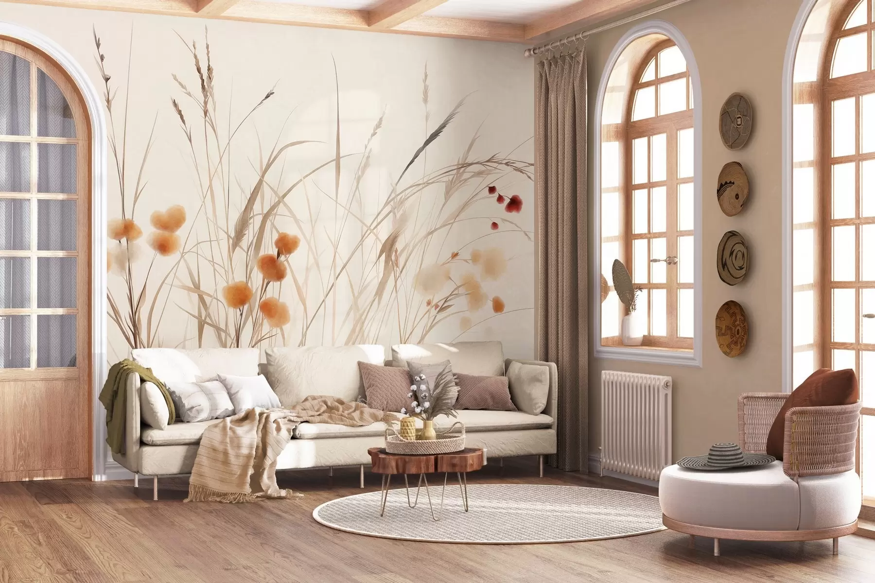 wall murals Tall grasses and small orange wildflowers against a pale background, textured boho style w09902