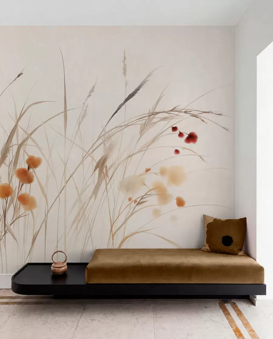 peintures murales De hautes herbes et de petites fleurs sauvages orange sur un fond pâle, dans un style bohème texturé w09902