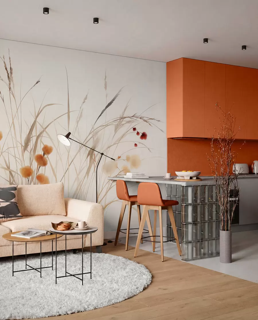 wall murals Tall grasses and small orange wildflowers against a pale background, textured boho style w09902