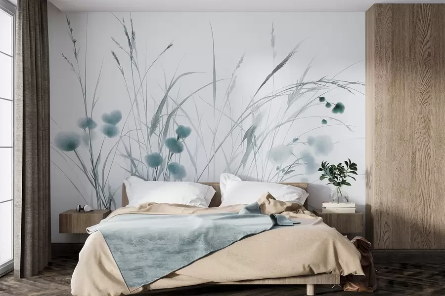 murales Hierbas altas y pequeñas flores silvestres azules sobre un fondo pálido, con un estilo boho lleno de textura w09902v1