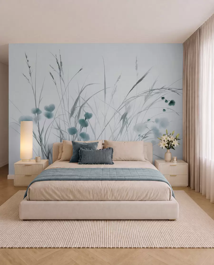 wall murals Tall grasses and small blue wildflowers against a pale background, textured boho style w09902v1