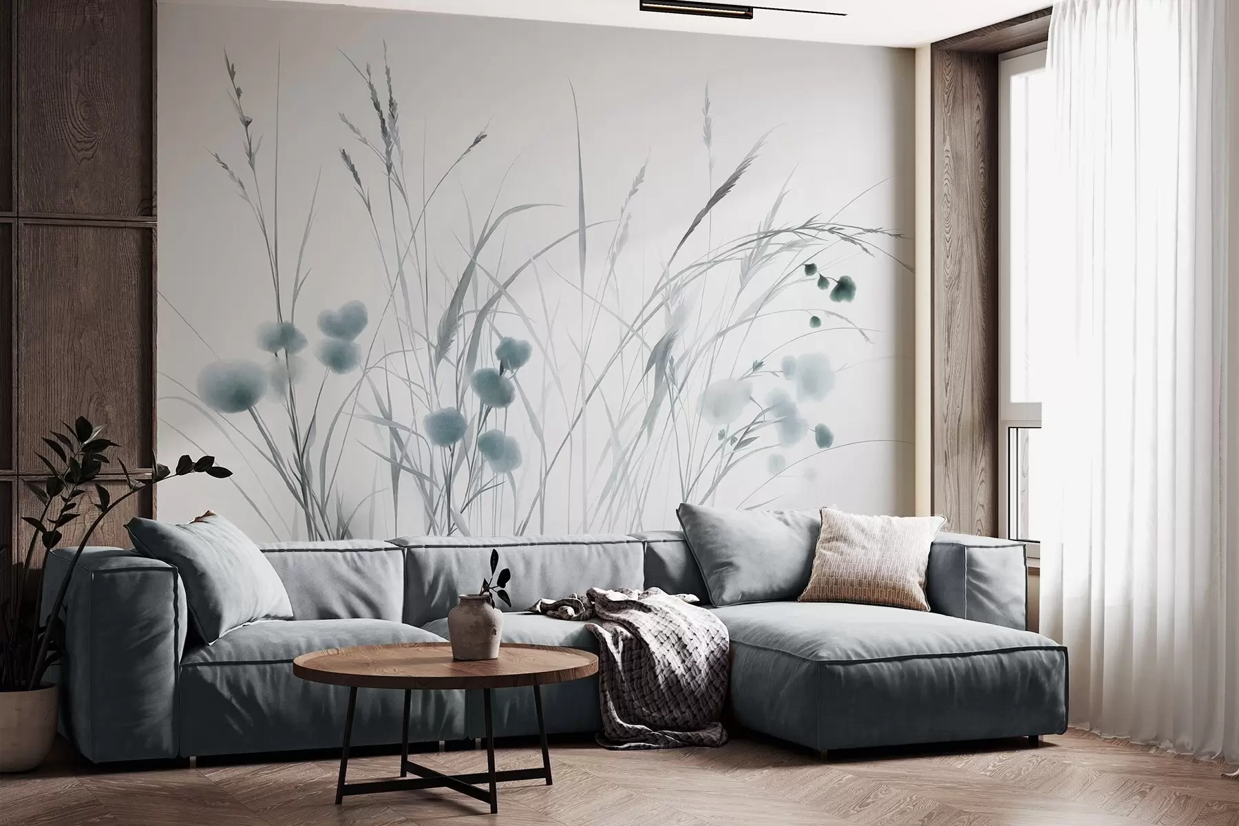 Wall Mural Photo Wallpaper Tall grasses and small blue wildflowers against a pale background, textured boho style w09902v1
