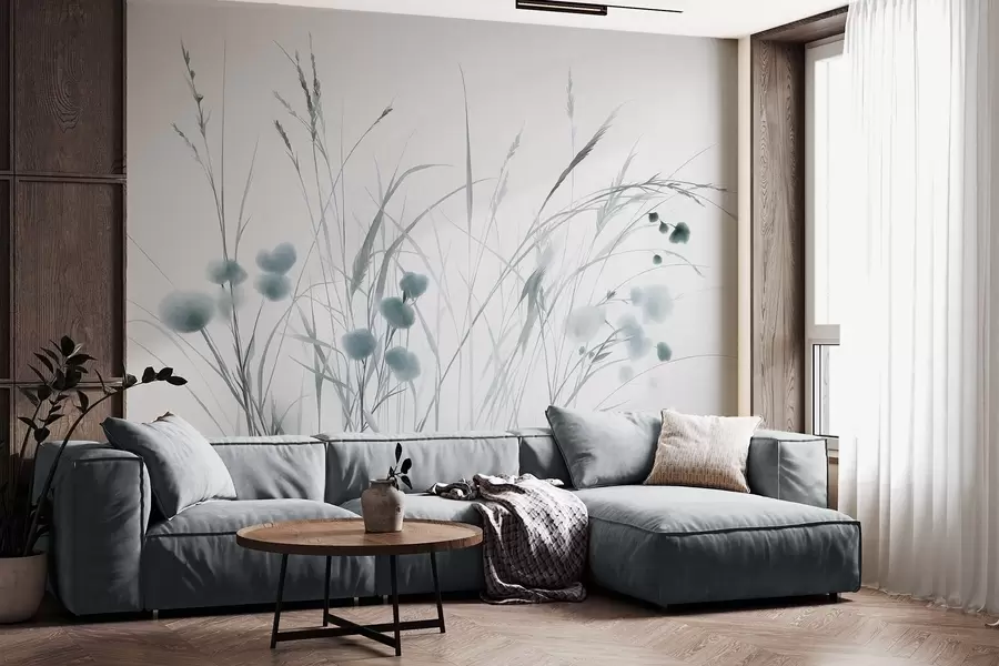 Wall Mural Photo Wallpaper Tall grasses and small blue wildflowers against a pale background, textured boho style w09902v1