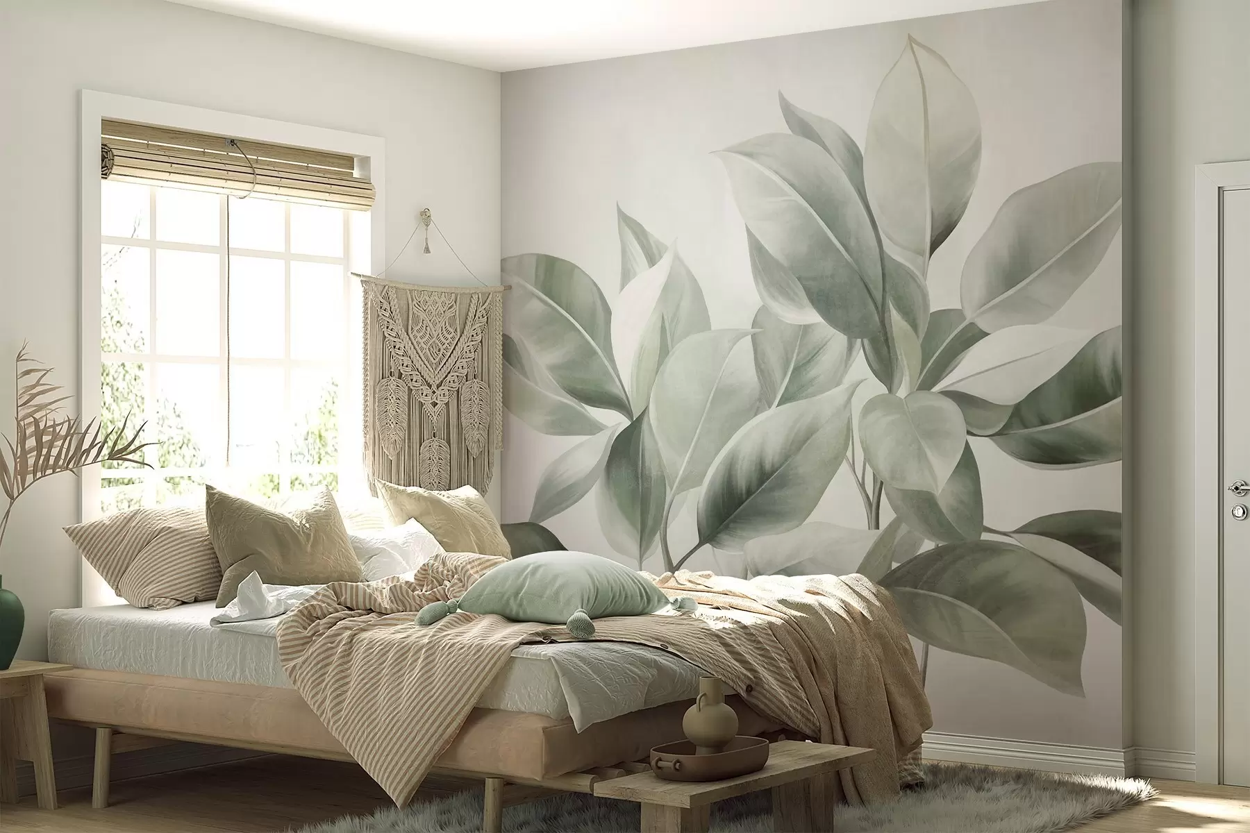 peintures murales Des feuilles vert clair sur un fond pâle et doux, dans un style bohème texturé w09909