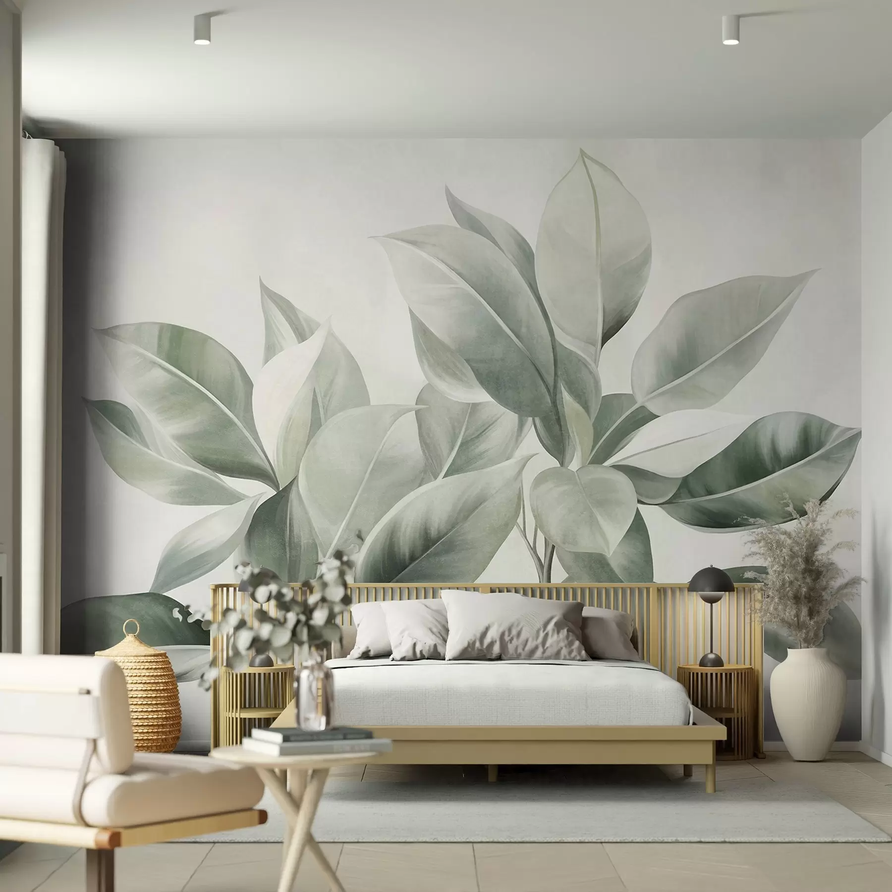 Wall Mural Photo Wallpaper Light green leaves against a pale, soft background, textured boho style w09909