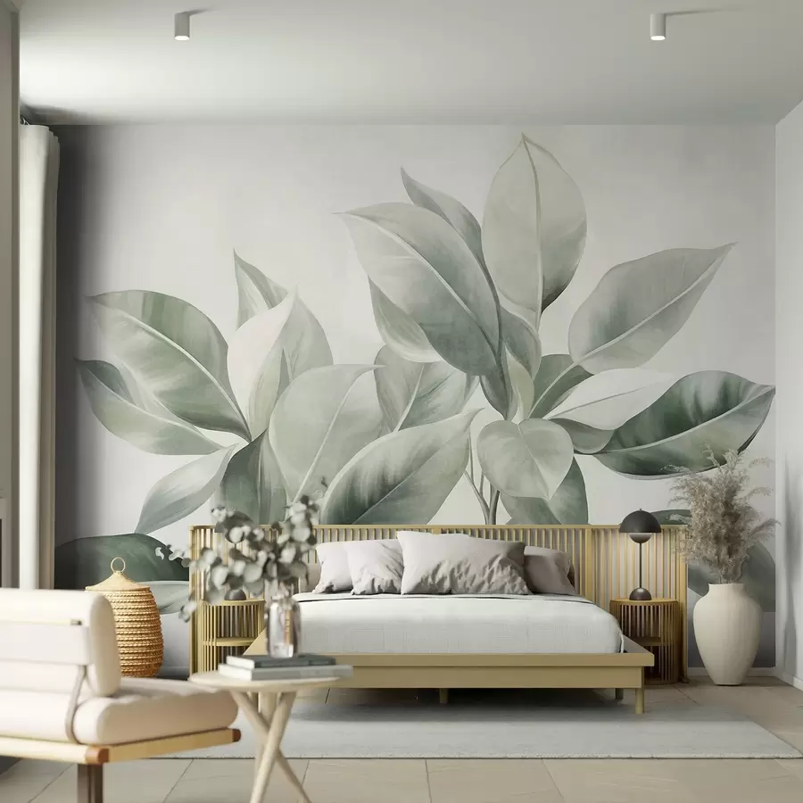 wall murals Light green leaves against a pale, soft background, textured boho style w09909