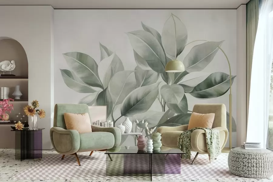 murales Hojas de color verde claro sobre un fondo pálido y suave, con textura de estilo boho w09909