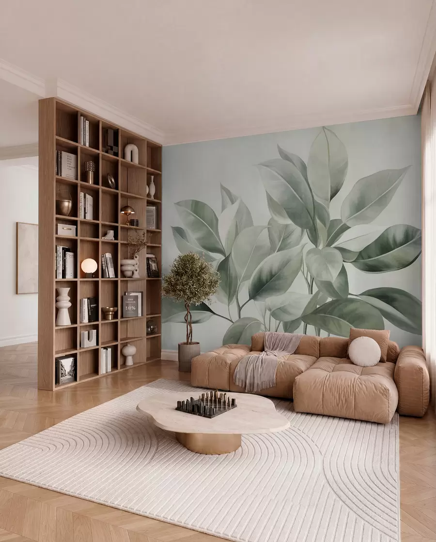 Wall Mural Photo Wallpaper Light green leaves against a pale, soft background, textured boho style w09909