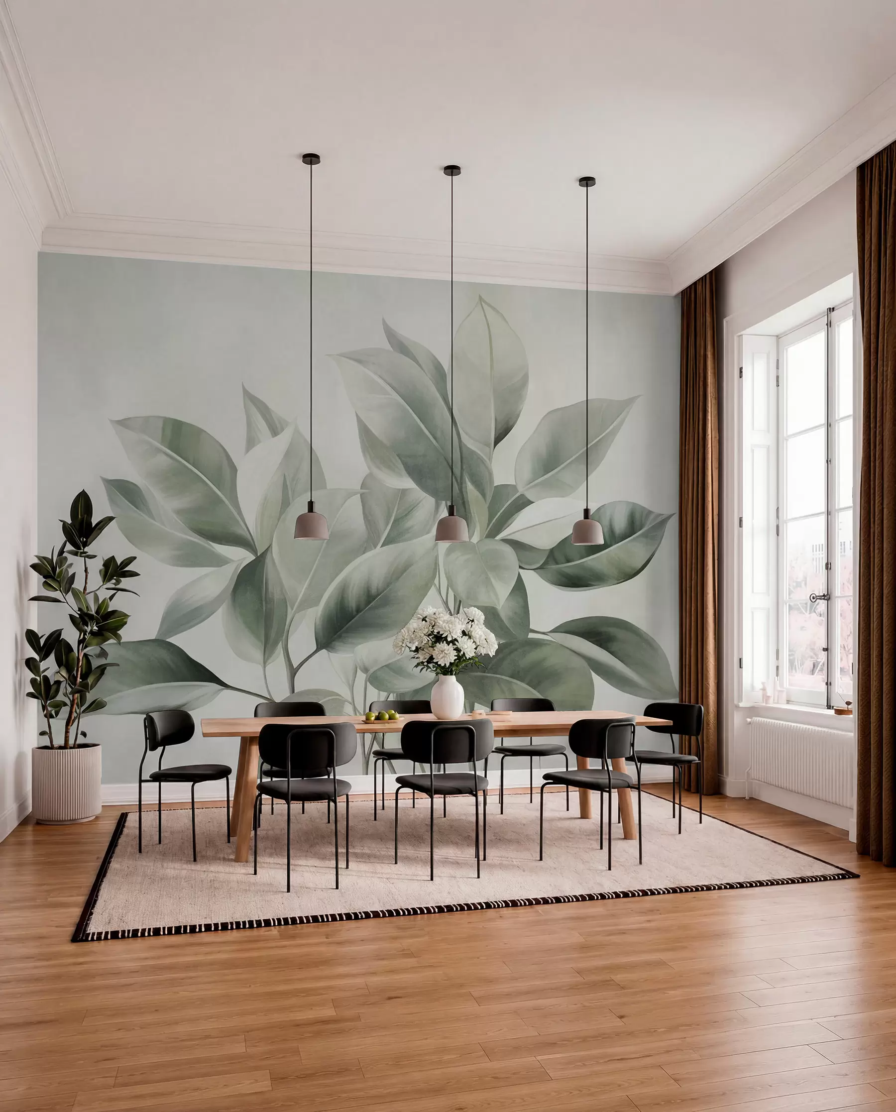 Wall Mural Photo Wallpaper Light green leaves against a pale, soft background, textured boho style w09909