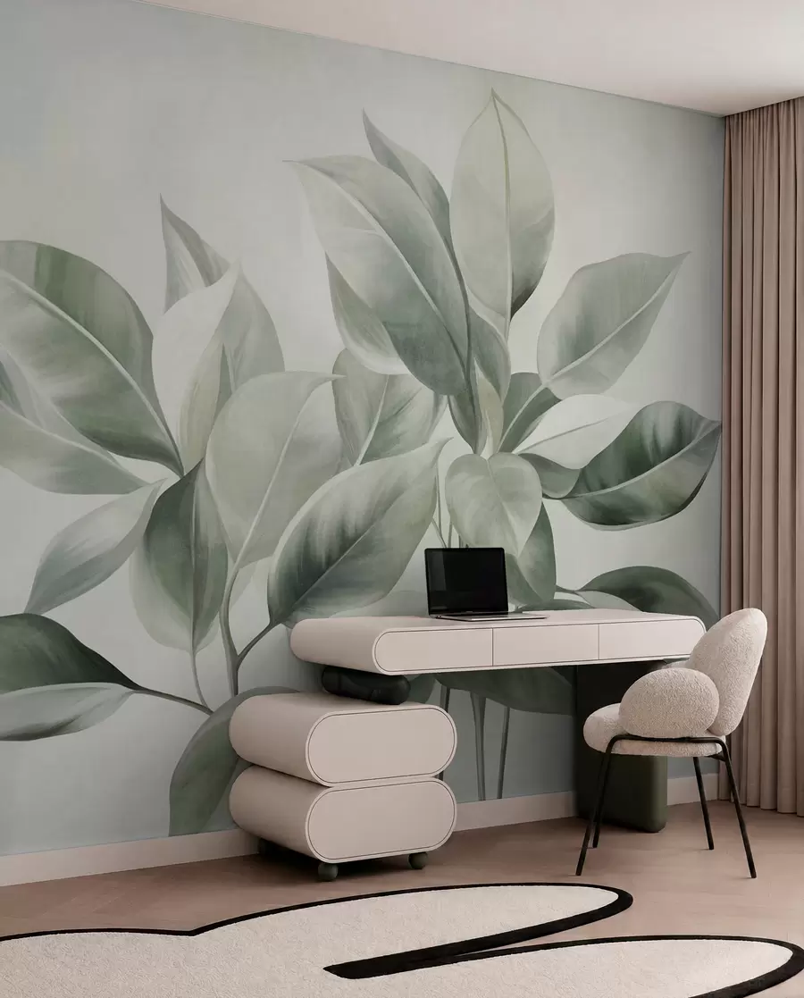 Wall Mural Photo Wallpaper Light green leaves against a pale, soft background, textured boho style w09909