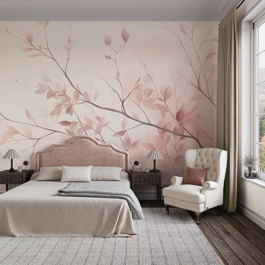 murales Ramas delicadas con hojas de un rosa suave sobre un fondo pálido, al estilo de la acuarela w09910