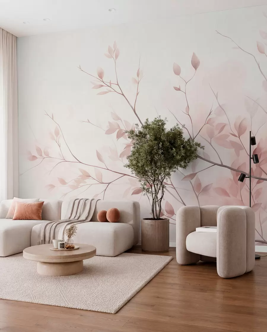 wall murals Delicate branches with soft pink leaves against a pale background, watercolor style w09910