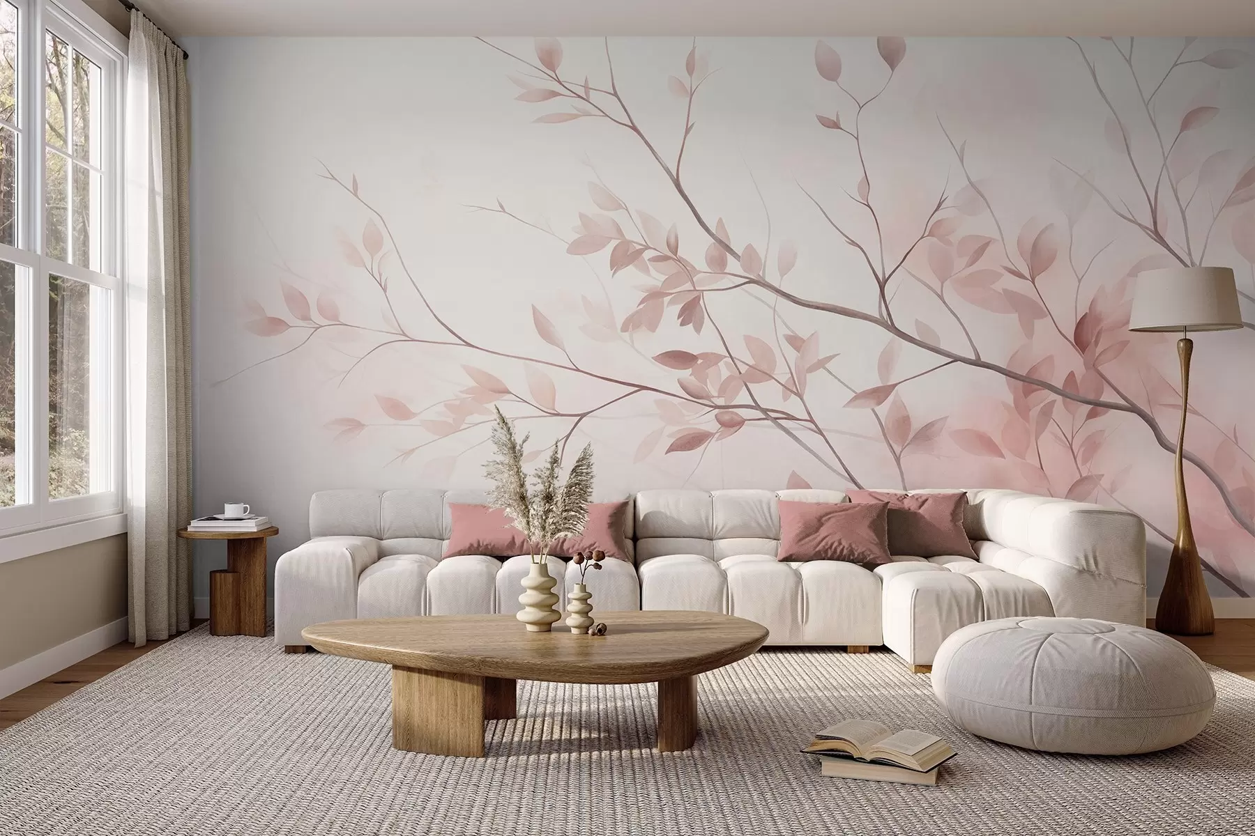 murales Ramas delicadas con hojas de un rosa suave sobre un fondo pálido, al estilo de la acuarela w09910