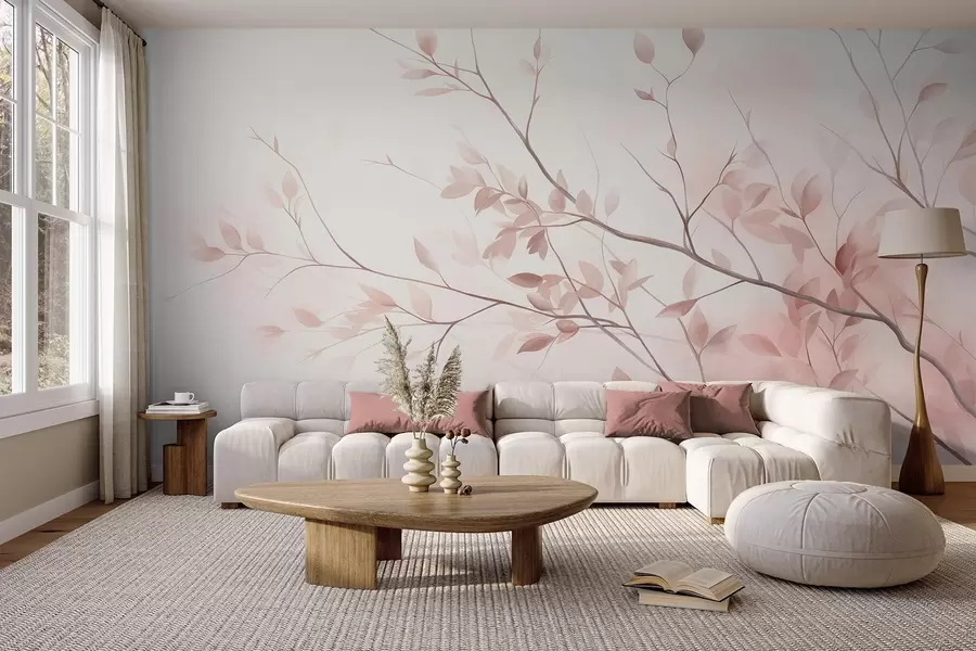 murales Ramas delicadas con hojas de un rosa suave sobre un fondo pálido, al estilo de la acuarela w09910
