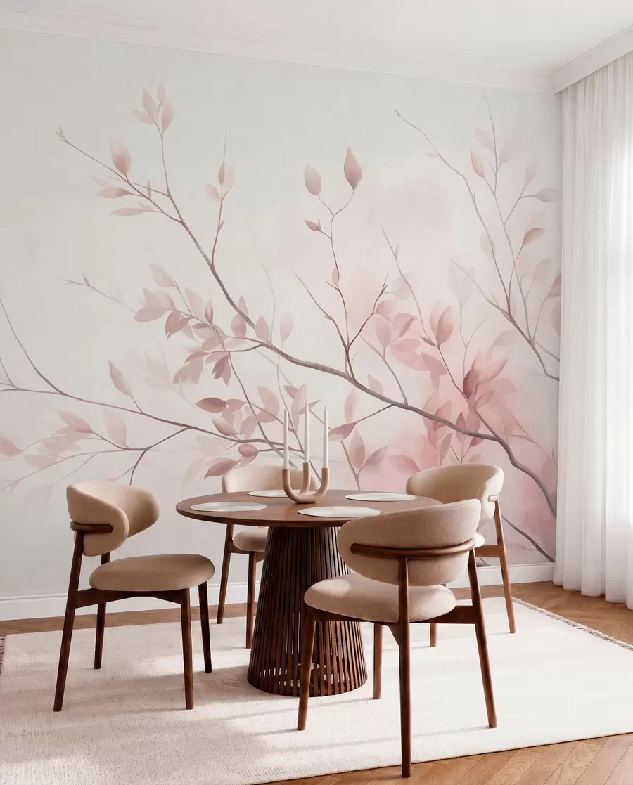 Wall Mural Photo Wallpaper Delicate branches with soft pink leaves against a pale background, watercolor style w09910