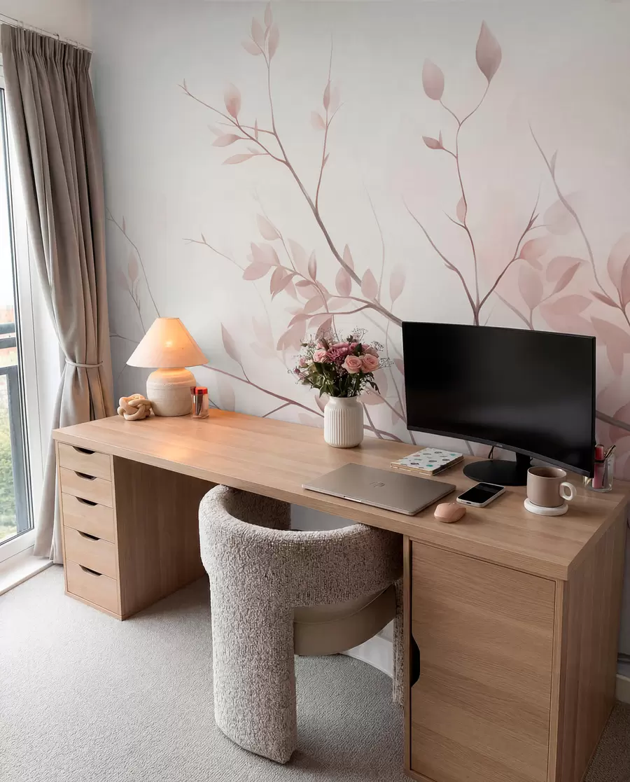 Wall Mural Photo Wallpaper Delicate branches with soft pink leaves against a pale background, watercolor style w09910