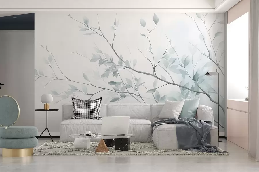 Wall Mural Photo Wallpaper Delicate branches with soft pink leaves against a pale background, watercolor style w09910v1