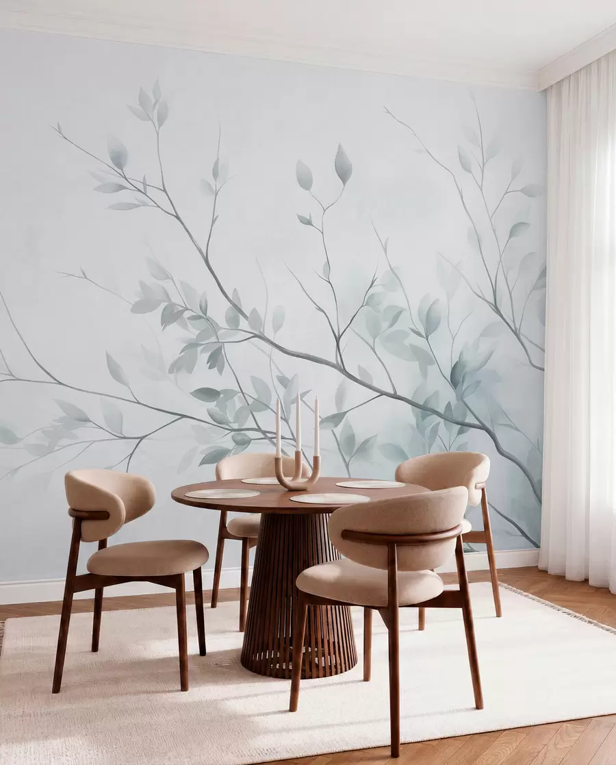 peintures murales Des branches délicates aux feuilles rose pâle sur un fond clair, dans un style aquarelle w09910v1