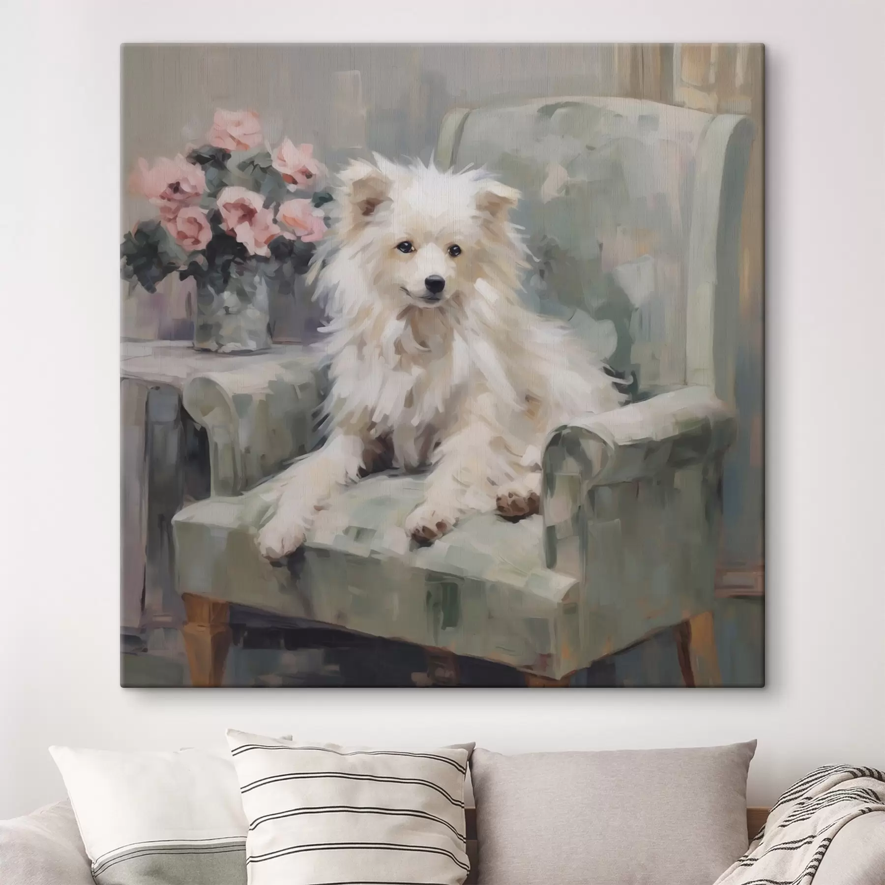 murales Un perrito en una silla, imitación de un cuadro s49597