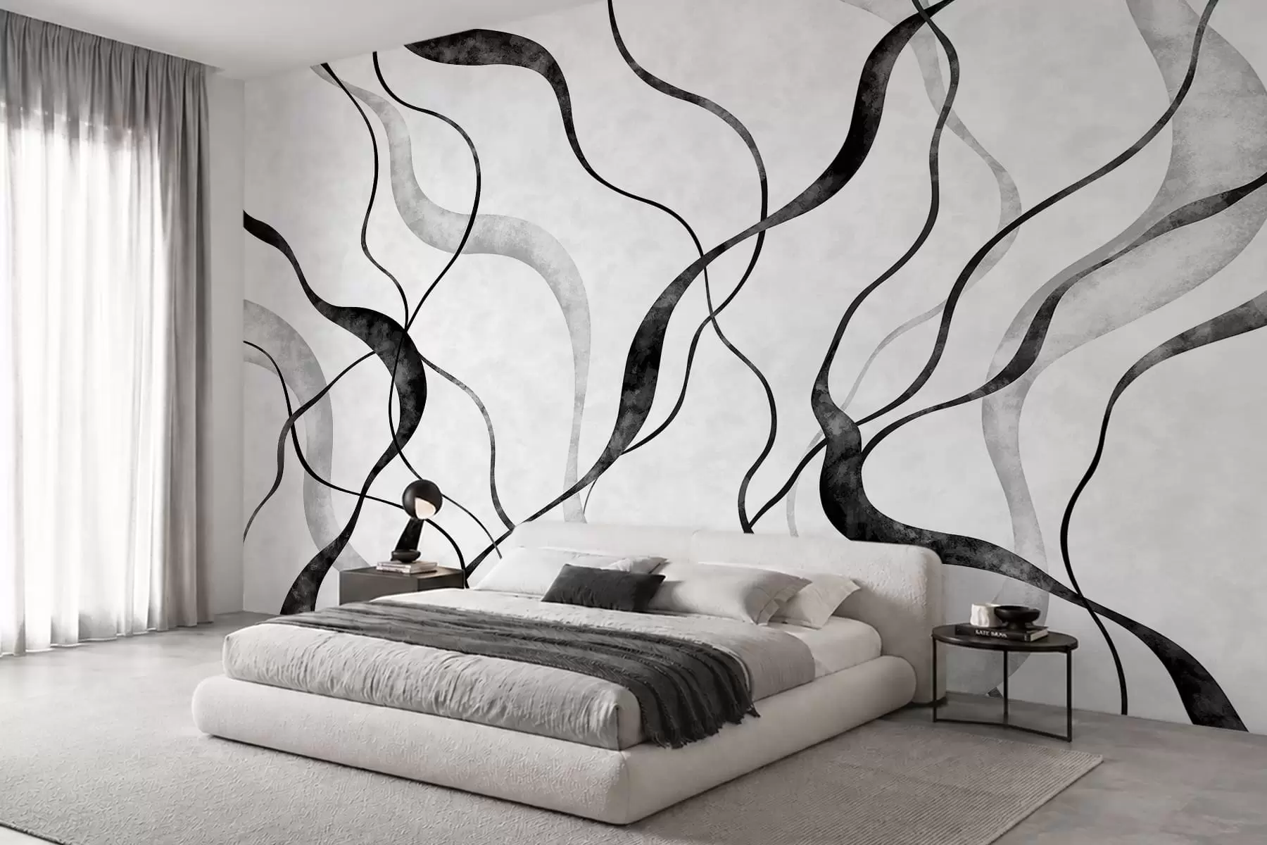 murales Líneas fluidas y abstractas en tonos monocromáticos w05699