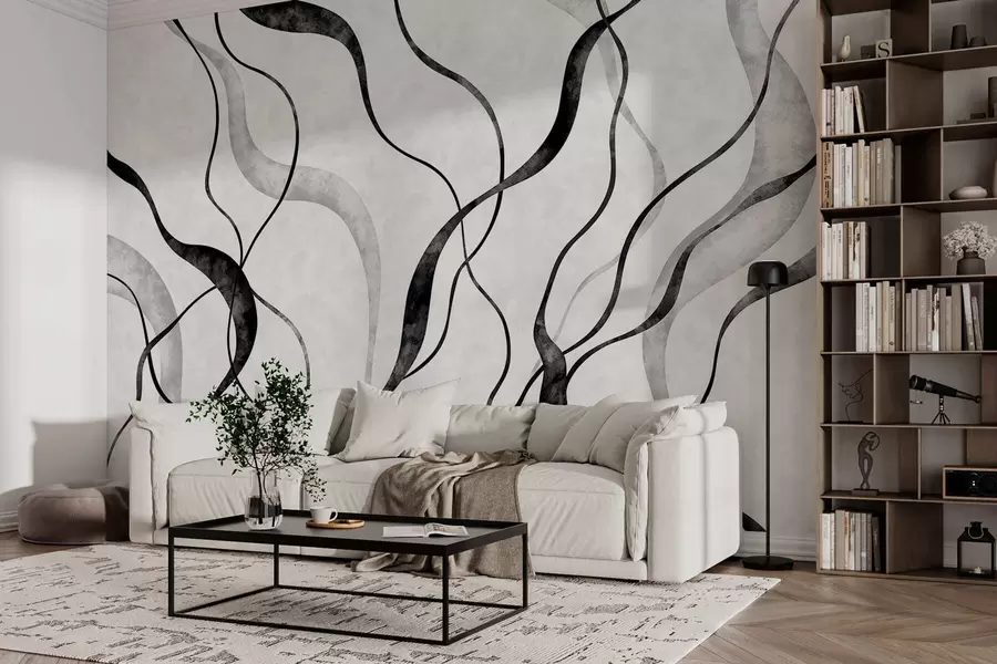 murales Líneas fluidas y abstractas en tonos monocromáticos w05699