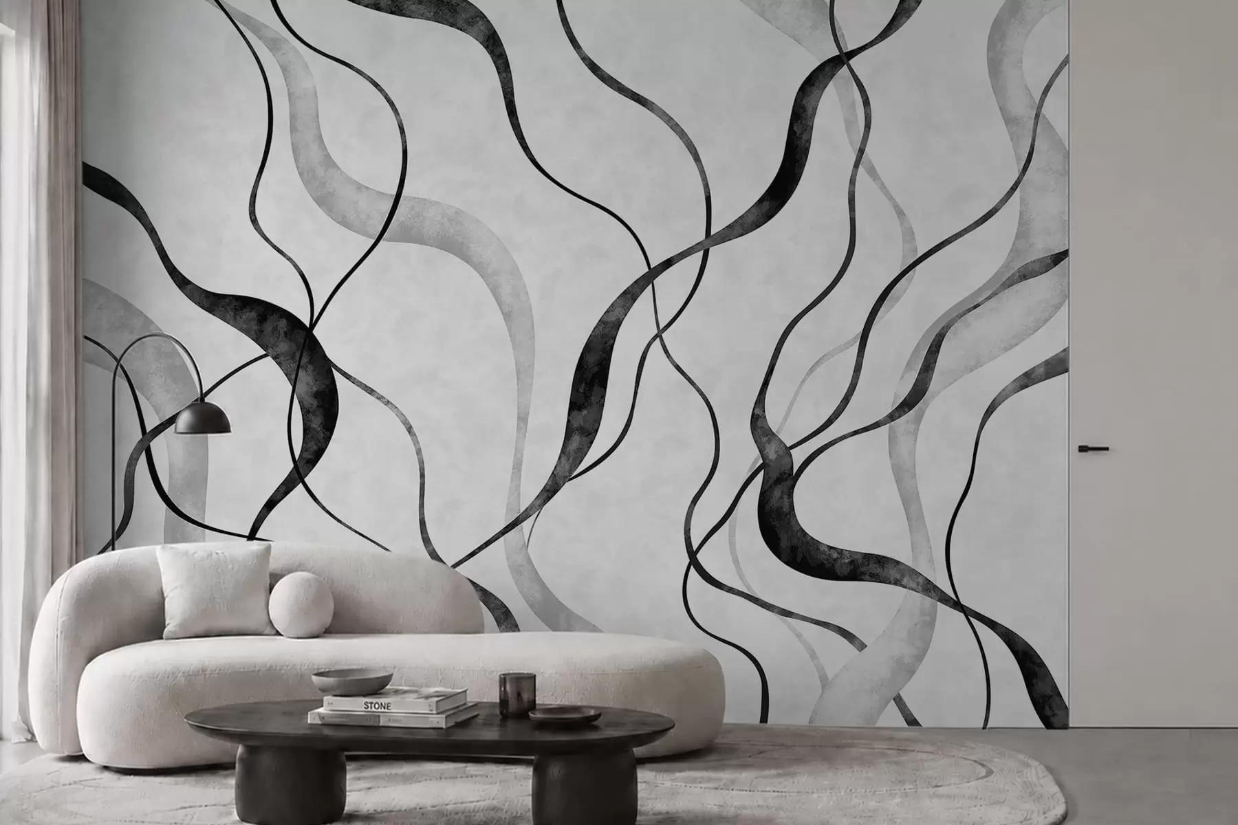 murales Líneas fluidas y abstractas en tonos monocromáticos w05699