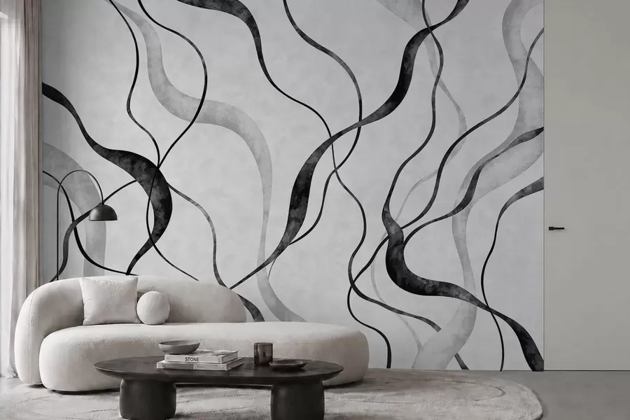 murales Líneas fluidas y abstractas en tonos monocromáticos w05699
