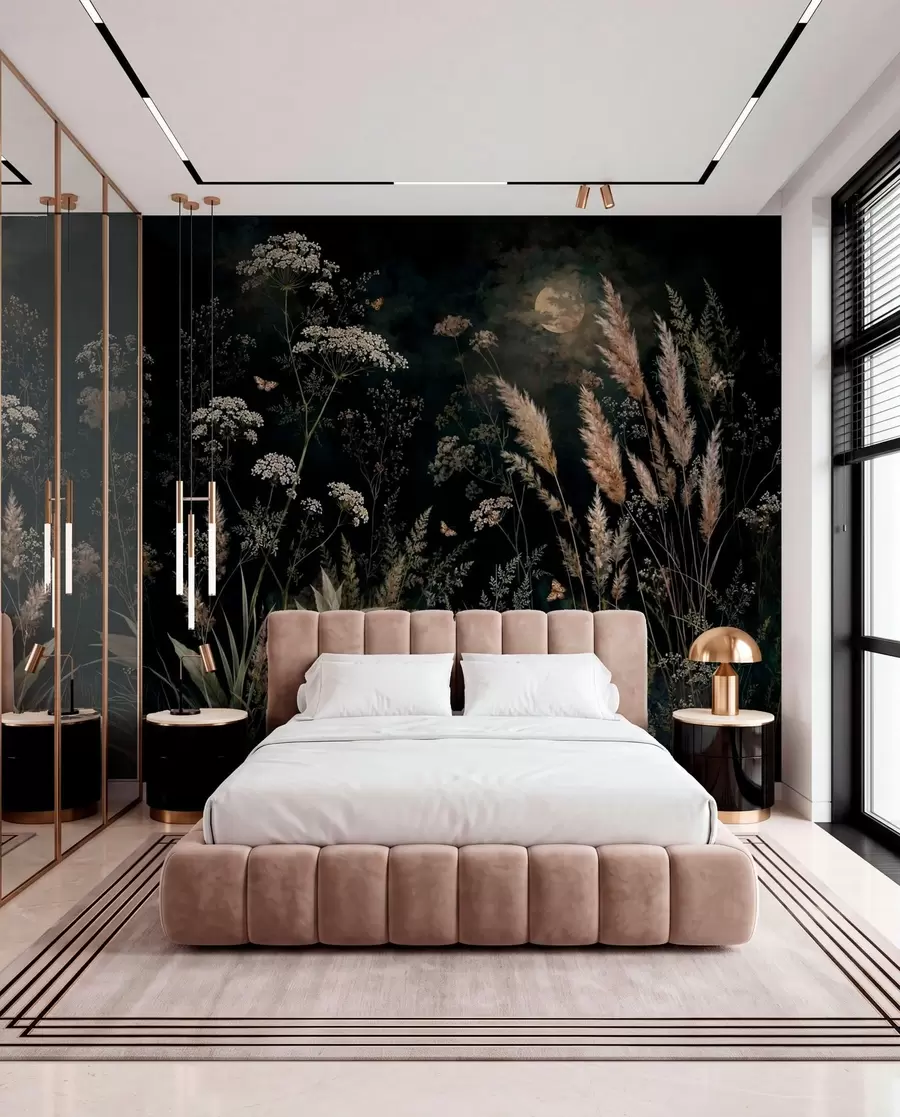 wall murals Moonlit meadow with wild grasses and flowers w05701