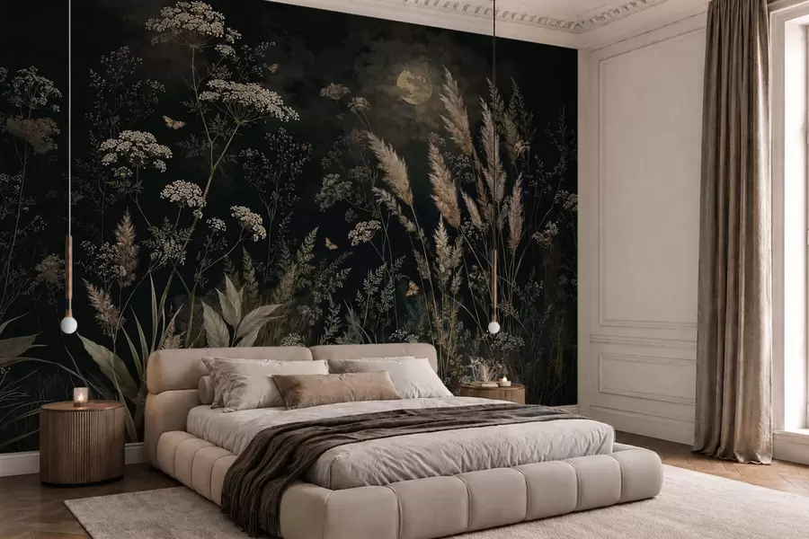 peintures murales Prairie au clair de lune, parsemée d'herbes sauvages et de fleurs w05701