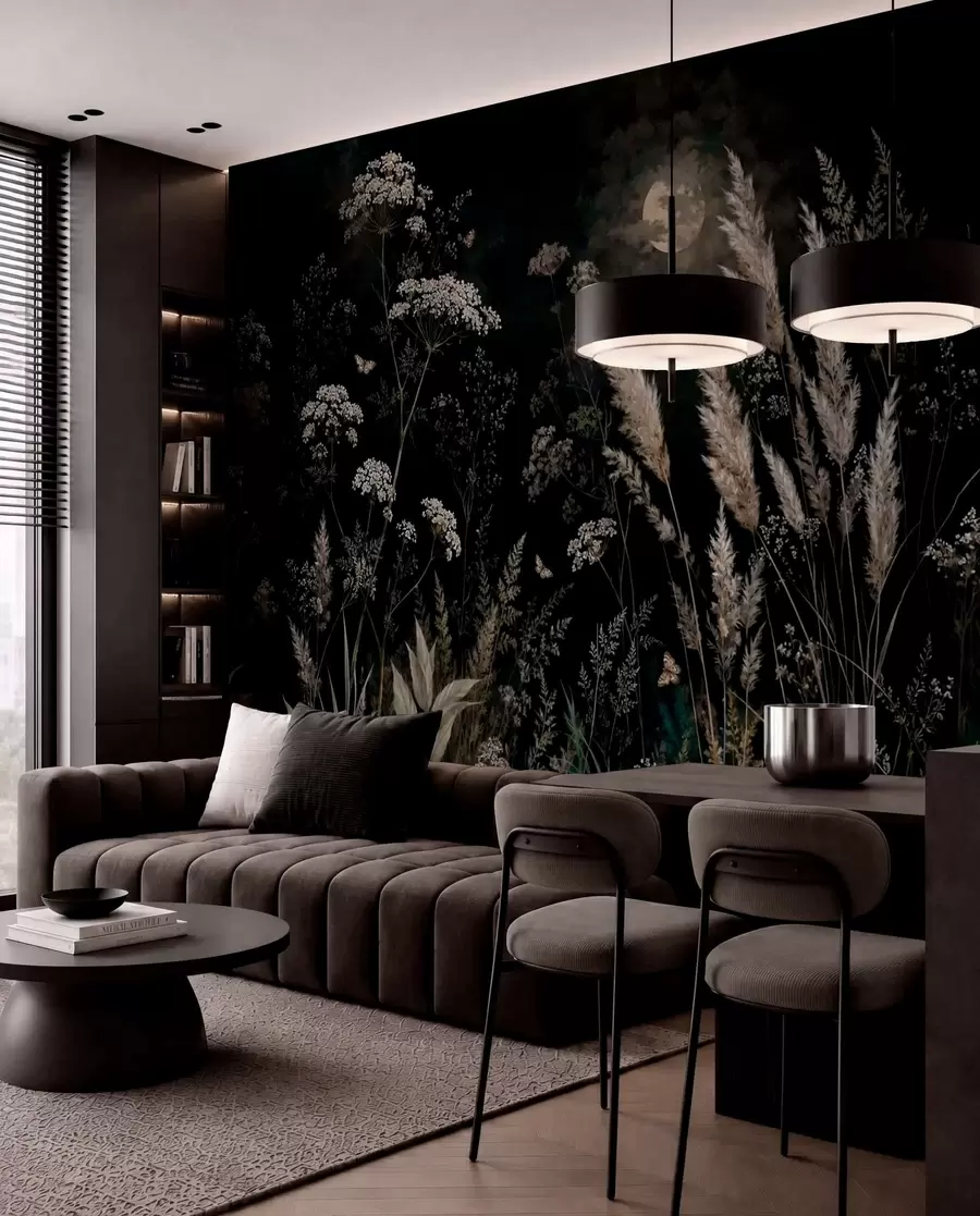 wall murals Moonlit meadow with wild grasses and flowers w05701