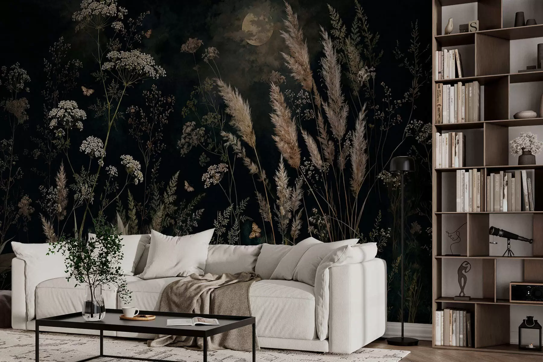 peintures murales Prairie au clair de lune, parsemée d'herbes sauvages et de fleurs w05701