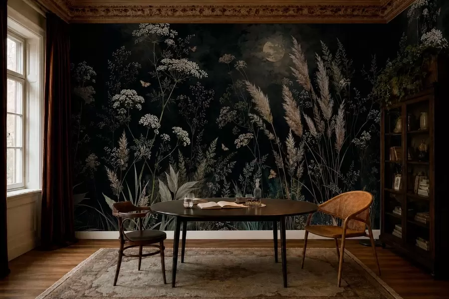 wall murals Moonlit meadow with wild grasses and flowers w05701