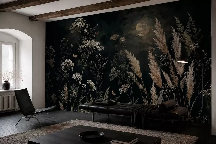 murales Pradera a la luz de la luna con hierbas y flores silvestres w05701
