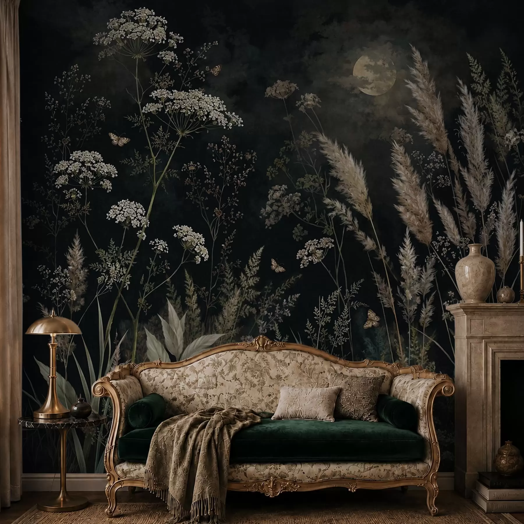 wall murals Moonlit meadow with wild grasses and flowers w05701