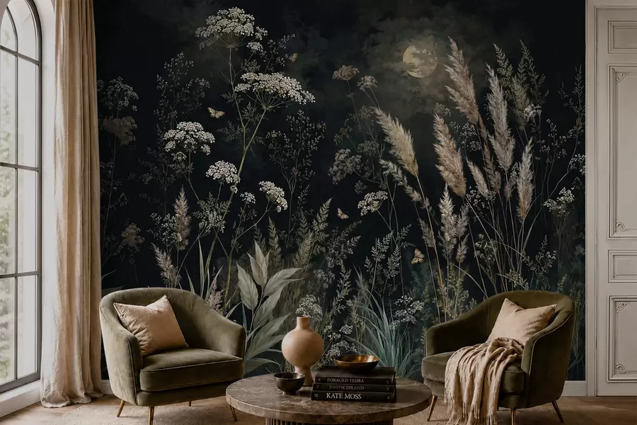 murales Pradera a la luz de la luna con hierbas y flores silvestres w05701