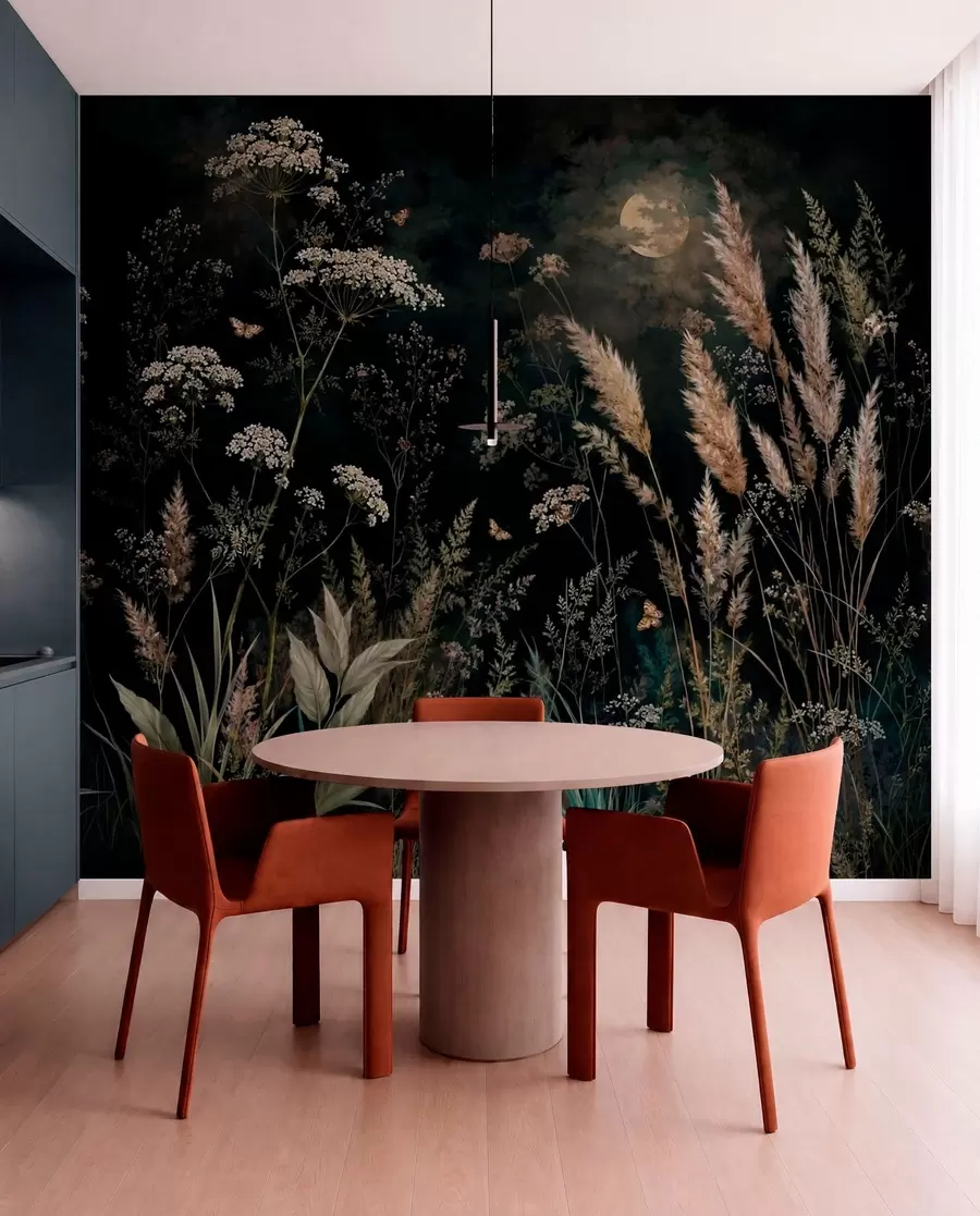 wall murals Moonlit meadow with wild grasses and flowers w05701