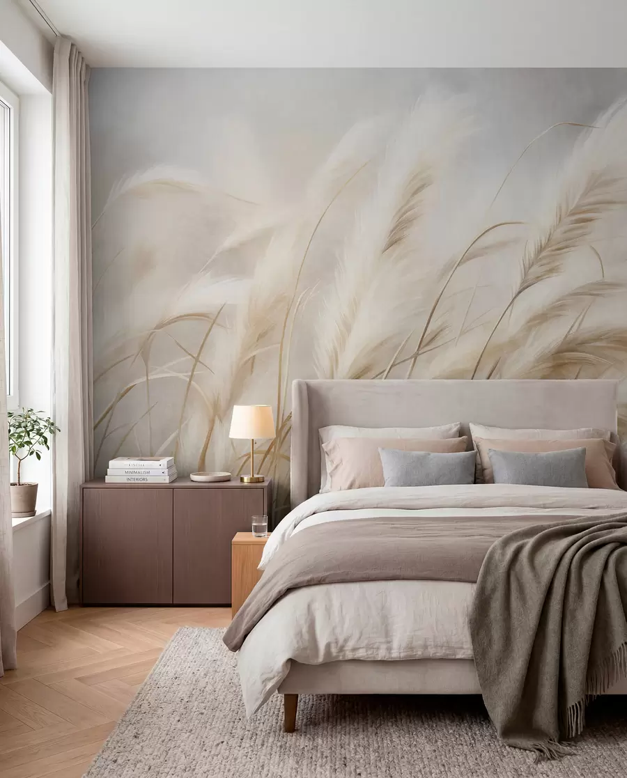 Wall Mural Photo Wallpaper Tall pampas grass swaying gently in the wind against a soft, muted background, textured art w09825