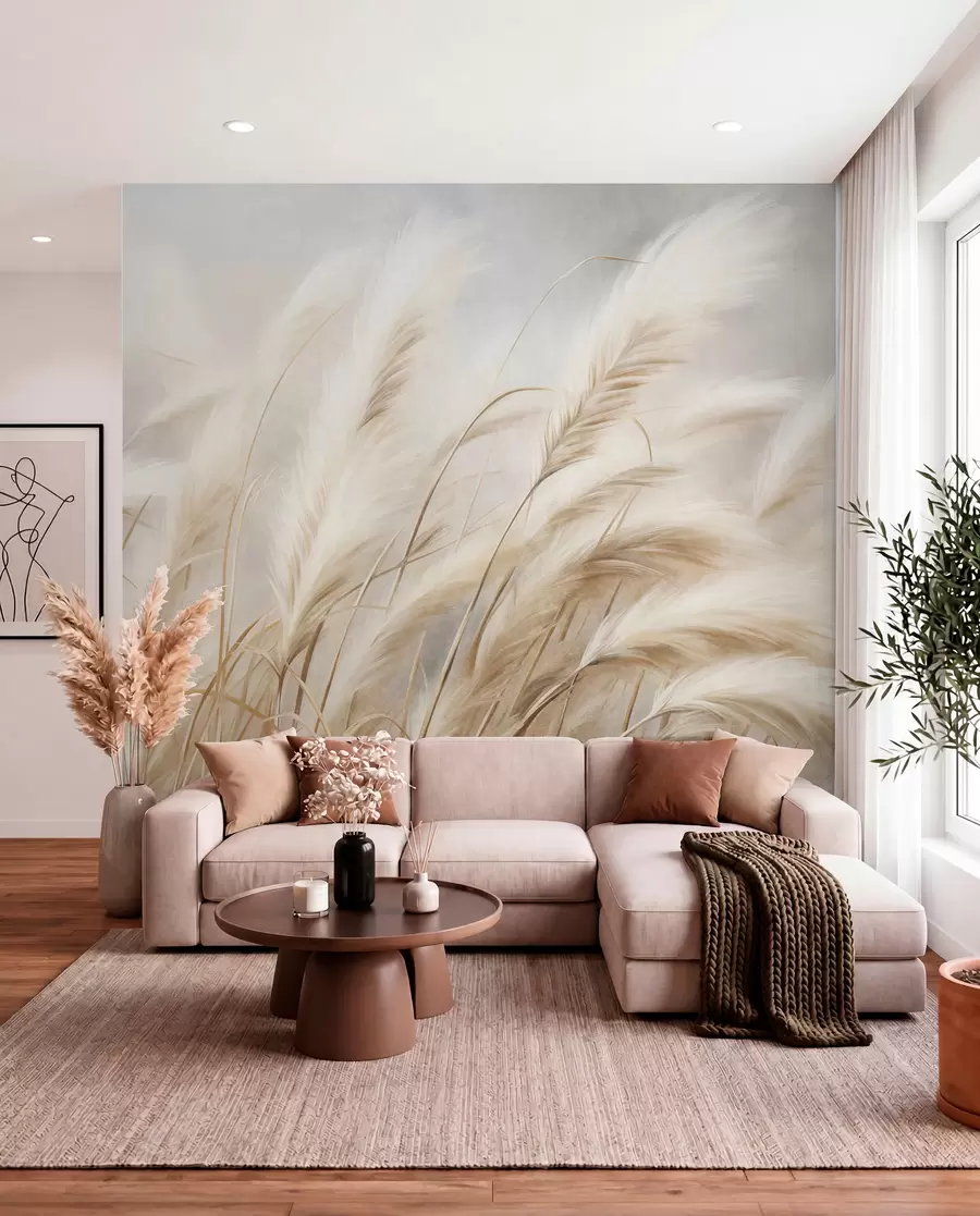 Wall Mural Photo Wallpaper Tall pampas grass swaying gently in the wind against a soft, muted background, textured art w09825