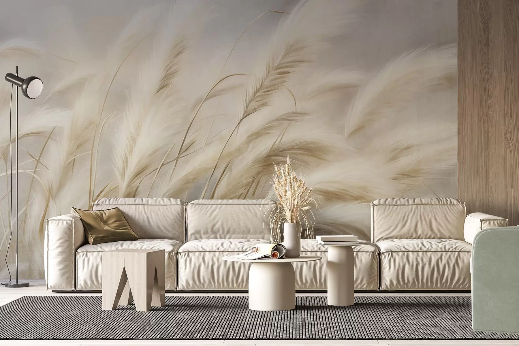 wall murals Tall pampas grass swaying gently in the wind against a soft, muted background, textured art w09825