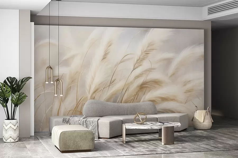 wall murals Tall pampas grass swaying gently in the wind against a soft, muted background, textured art w09825