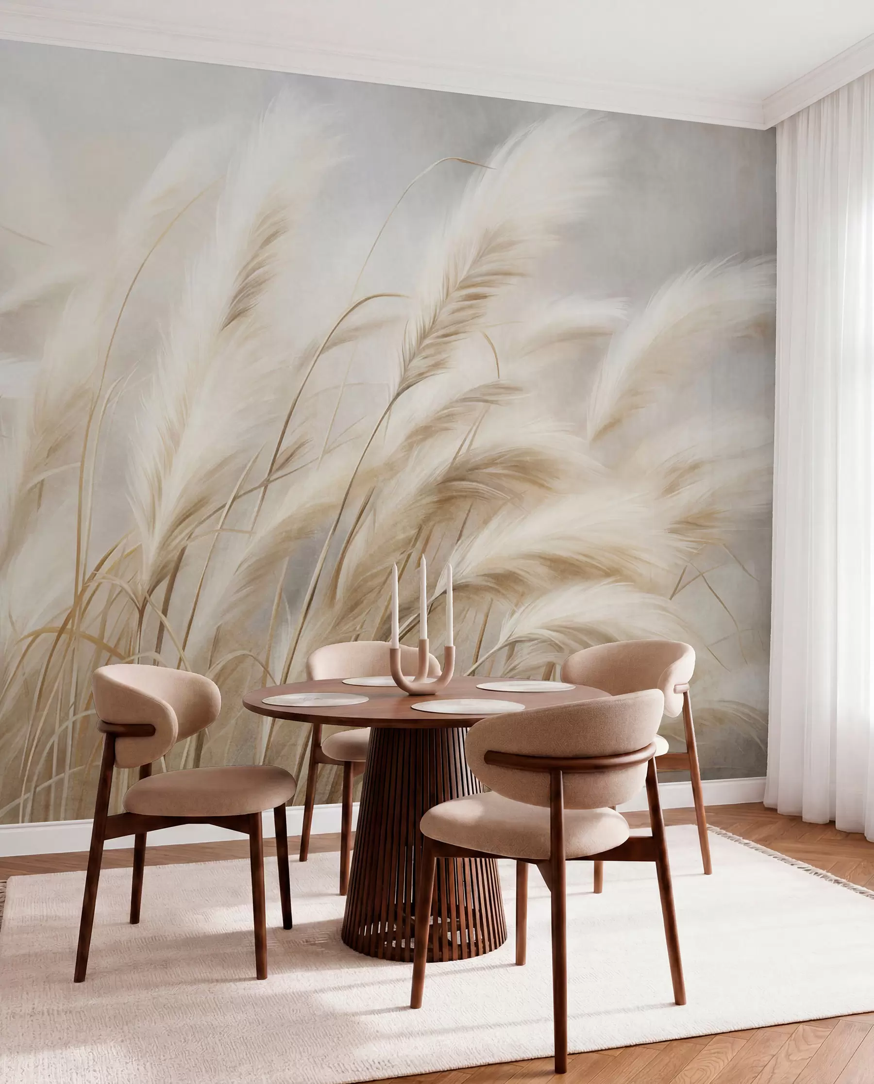 Wall Mural Photo Wallpaper Tall pampas grass swaying gently in the wind against a soft, muted background, textured art w09825