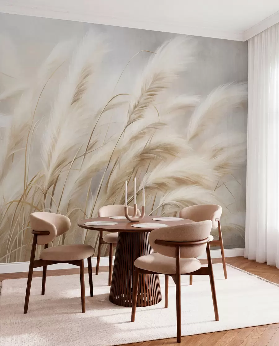 Wall Mural Photo Wallpaper Tall pampas grass swaying gently in the wind against a soft, muted background, textured art w09825