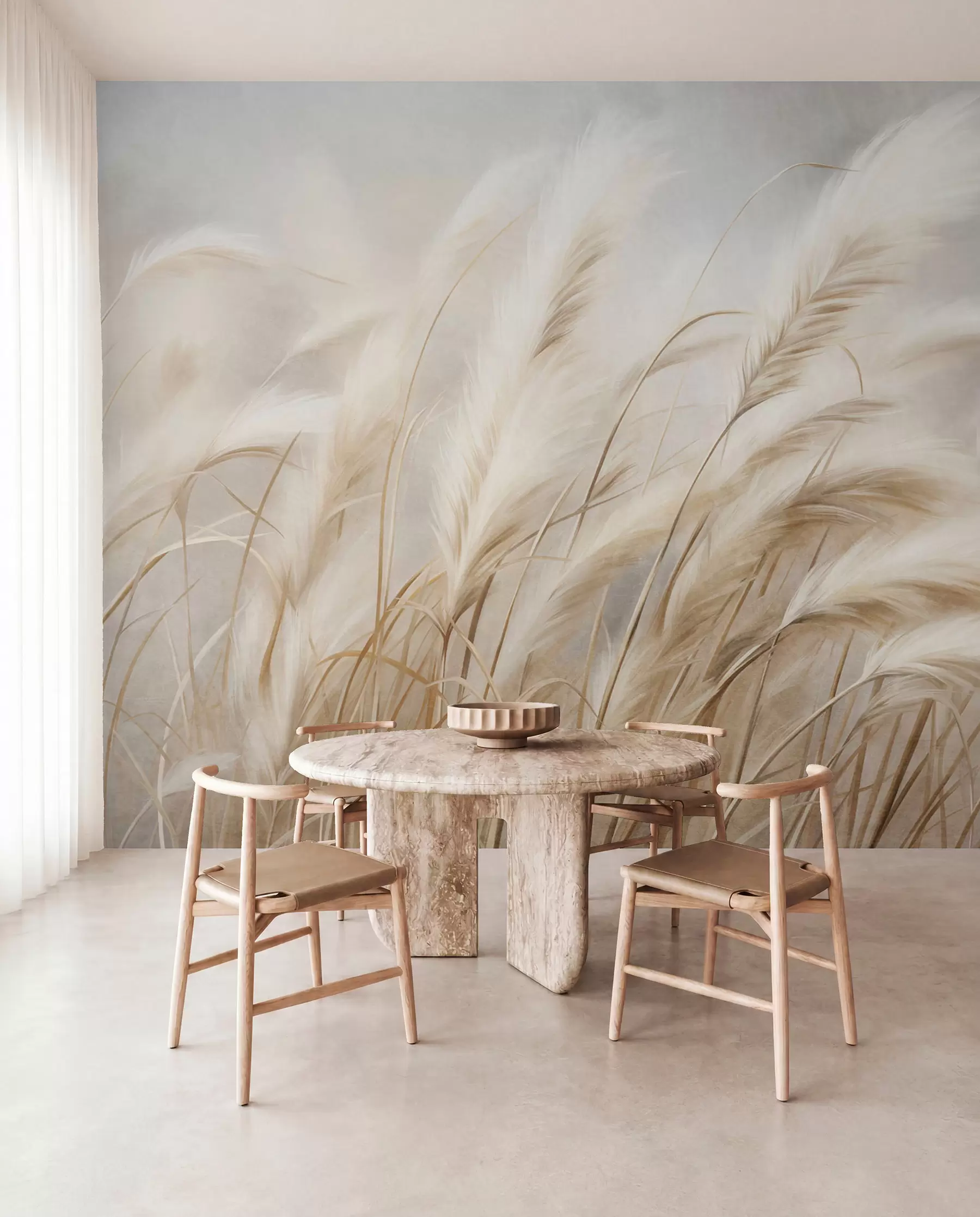 wall murals Tall pampas grass swaying gently in the wind against a soft, muted background, textured art w09825