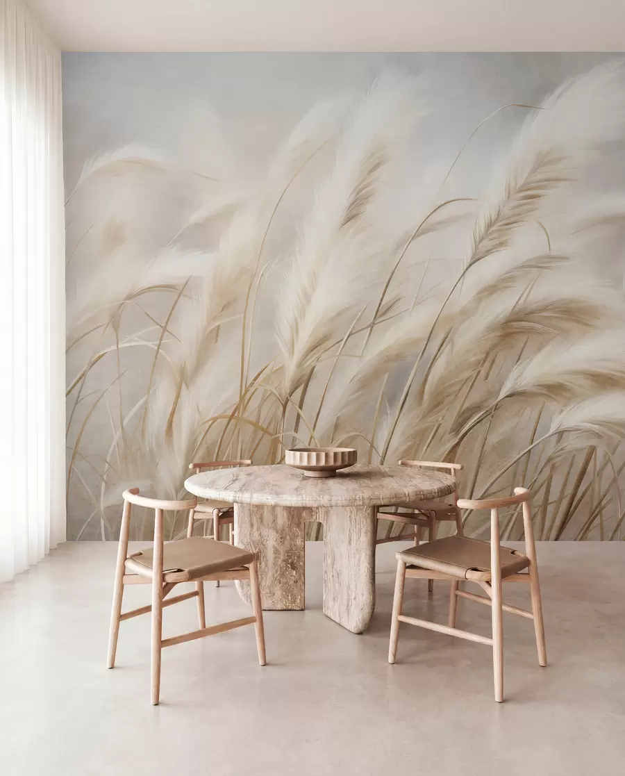 Wall Mural Photo Wallpaper Tall pampas grass swaying gently in the wind against a soft, muted background, textured art w09825