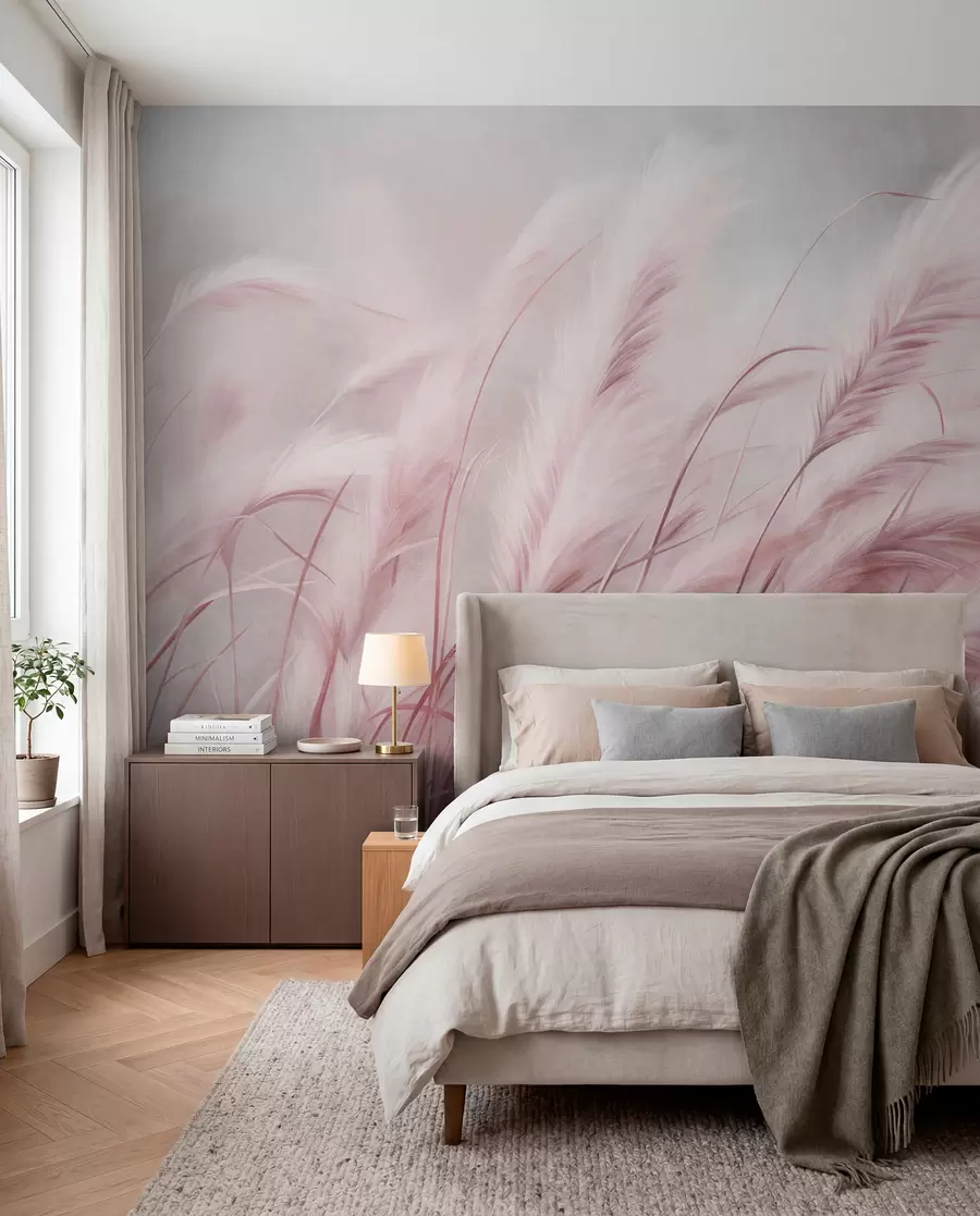 Wall Mural Photo Wallpaper Tall pampas grass swaying gently in the wind against a soft, muted background, textured art w09825v1