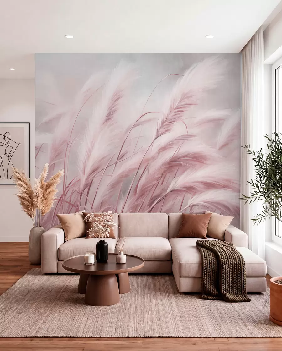 Wall Mural Photo Wallpaper Tall pampas grass swaying gently in the wind against a soft, muted background, textured art w09825v1